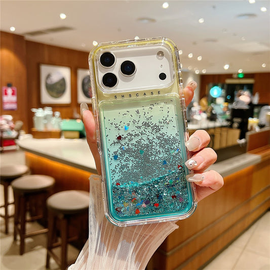 For iPhone 17 Pro Max Case Gradient Quicksand Liquid Flowing Sparkle TPU + PC Back Cover - Gold  /  Baby Blue