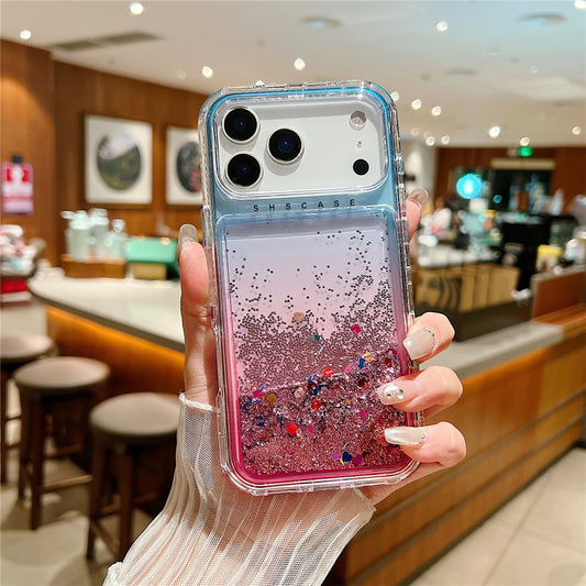 For iPhone 17 Pro Max Case Gradient Quicksand Liquid Flowing Sparkle TPU + PC Back Cover - Blue  /  Pink