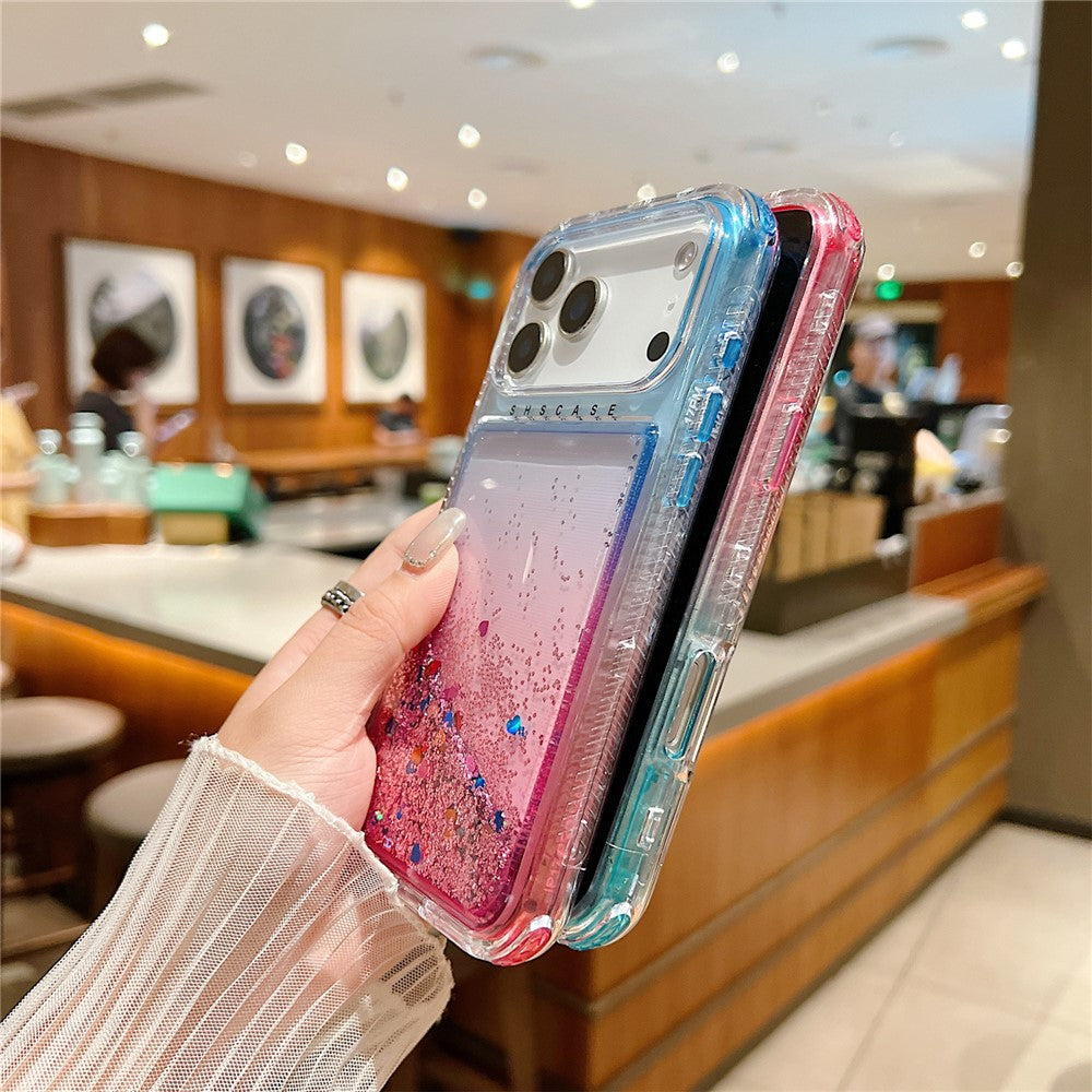 For iPhone 17 Pro Max Case Gradient Quicksand Liquid Flowing Sparkle TPU + PC Back Cover - Black  /  Pink