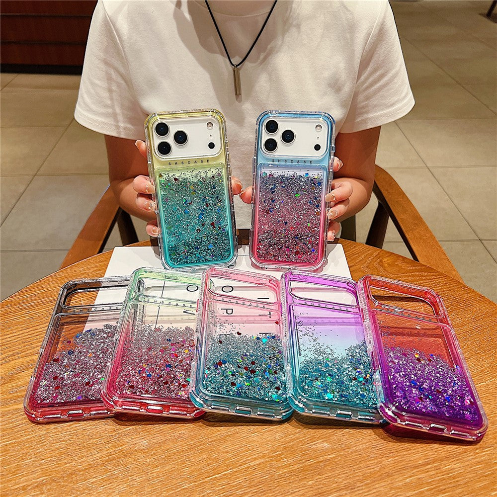 For iPhone 17 Pro Max Case Gradient Quicksand Liquid Flowing Sparkle TPU + PC Back Cover - Black  /  Pink