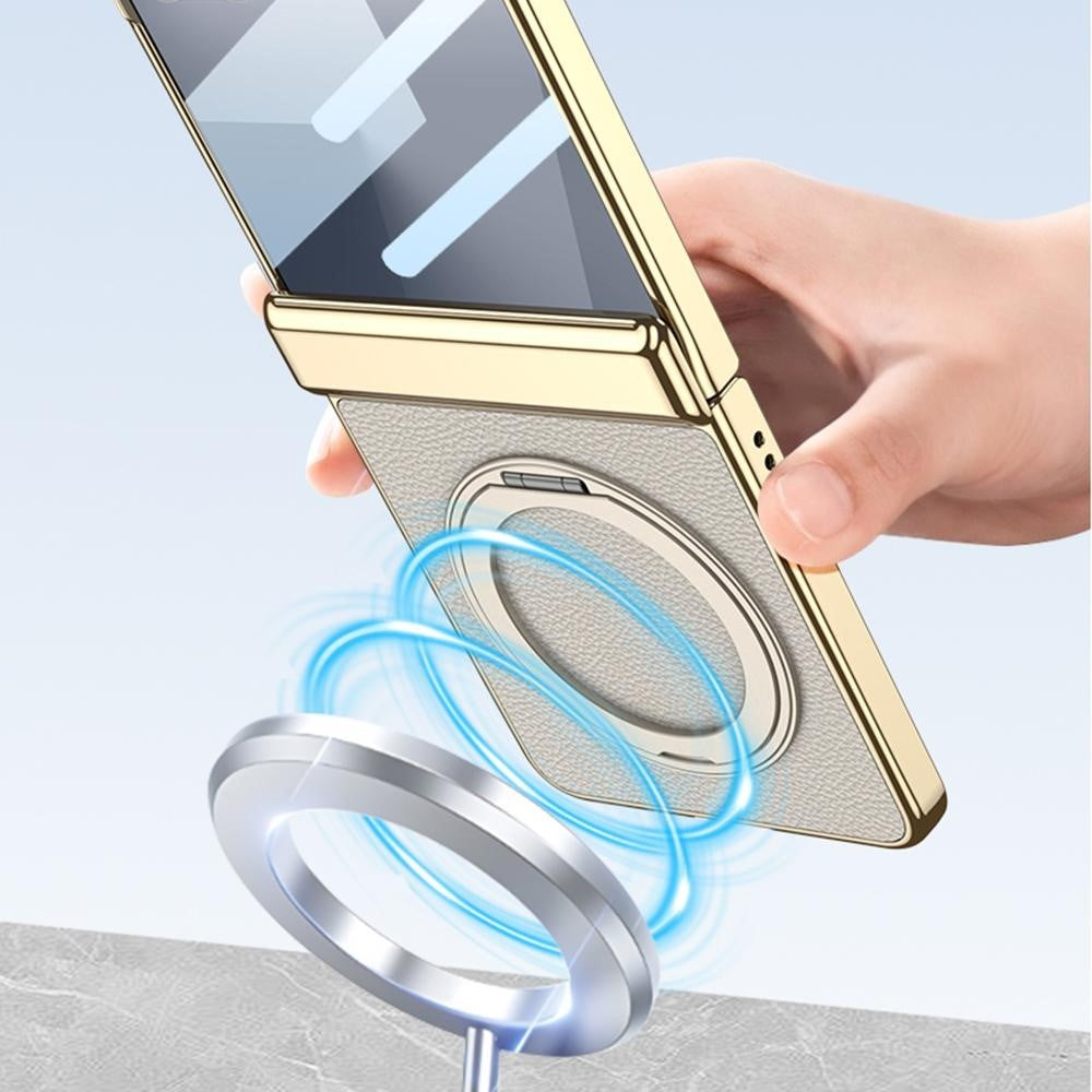 GKK For Samsung Galaxy Z Flip7 5G Case Kickstand Magnetic Hinge Protection PU PC Tempered Glass Phone Cover - Yellow