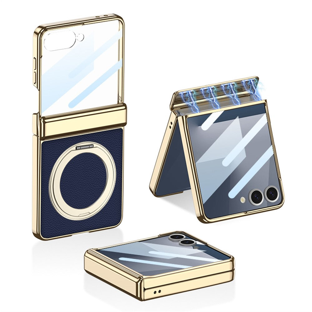 GKK For Samsung Galaxy Z Flip7 5G Case Kickstand Magnetic Hinge Protection PU PC Tempered Glass Phone Cover - Black - Dark Blue
