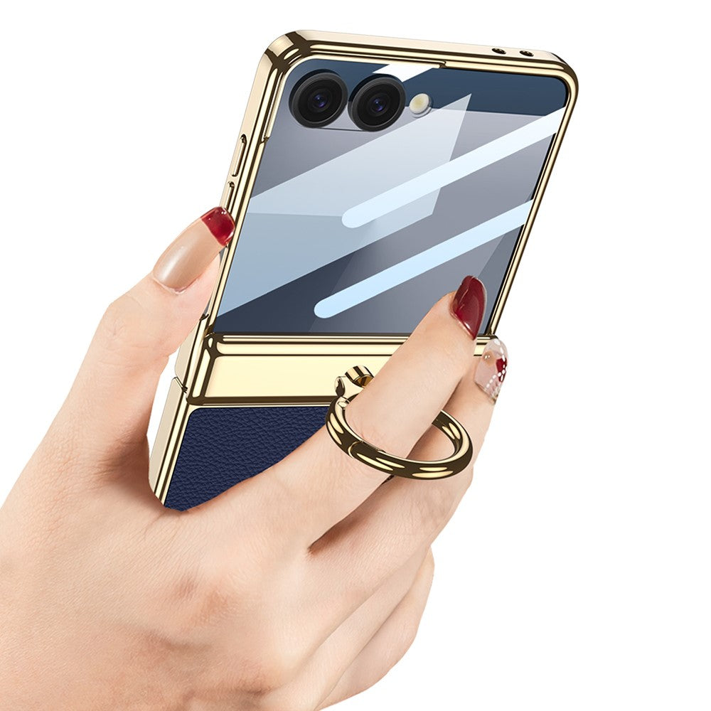 GKK For Samsung Galaxy Z Flip7 5G Kickstand Case Electroplating Magnetic Hinge Protection PU PC Tempered Glass Phone Cover - Green