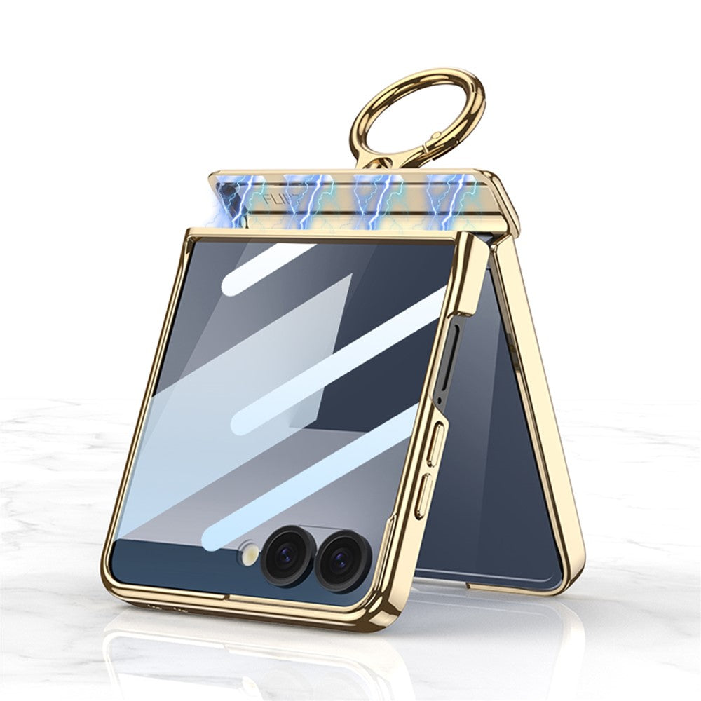 GKK For Samsung Galaxy Z Flip7 5G Kickstand Case Electroplating Magnetic Hinge Protection PU PC Tempered Glass Phone Cover - Titanium Grey