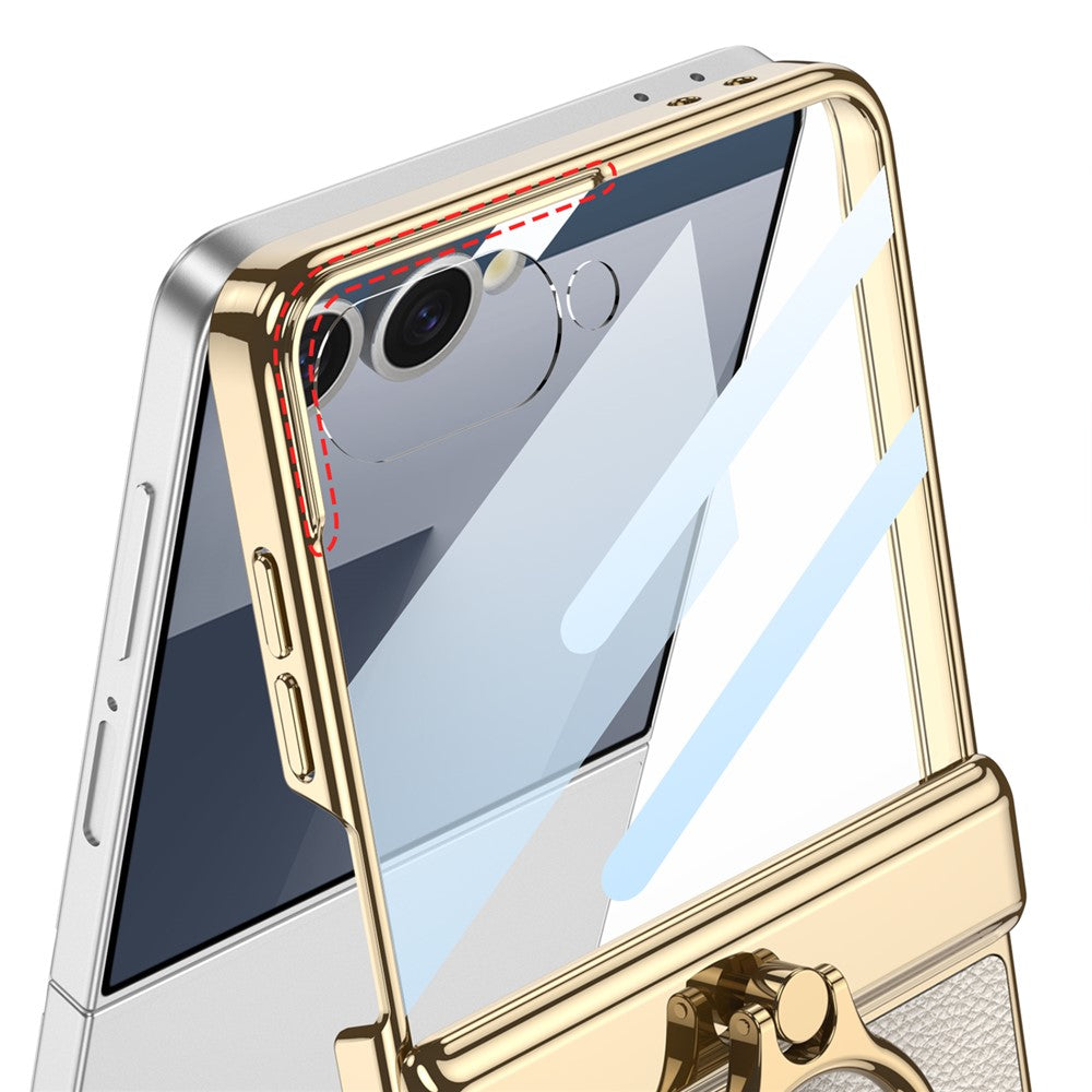 GKK For Samsung Galaxy Z Flip7 5G Kickstand Case Electroplating Magnetic Hinge Protection PU PC Tempered Glass Phone Cover - Dark Blue