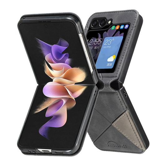 For Samsung Galaxy Z Flip7 5G Phone Case BINFEN COLOR Wallet Stand Geometry Imprinted Leather Cover - Black