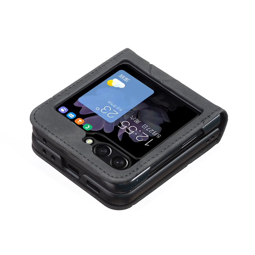 For Samsung Galaxy Z Flip7 5G Phone Case BINFEN COLOR Wallet Stand Geometry Imprinted Leather Cover - Black