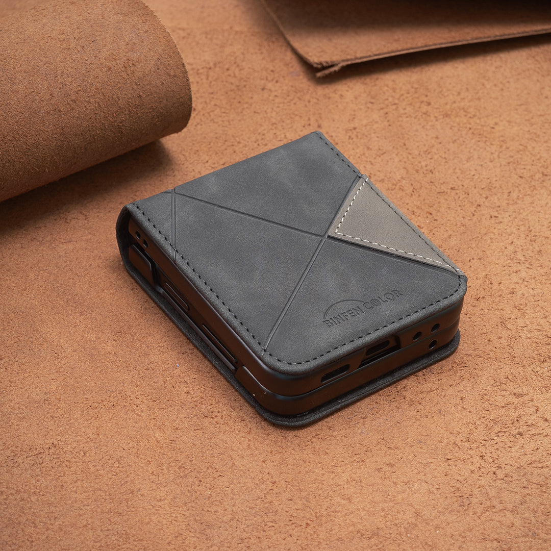 For Samsung Galaxy Z Flip7 5G Phone Case BINFEN COLOR Wallet Stand Geometry Imprinted Leather Cover - Black