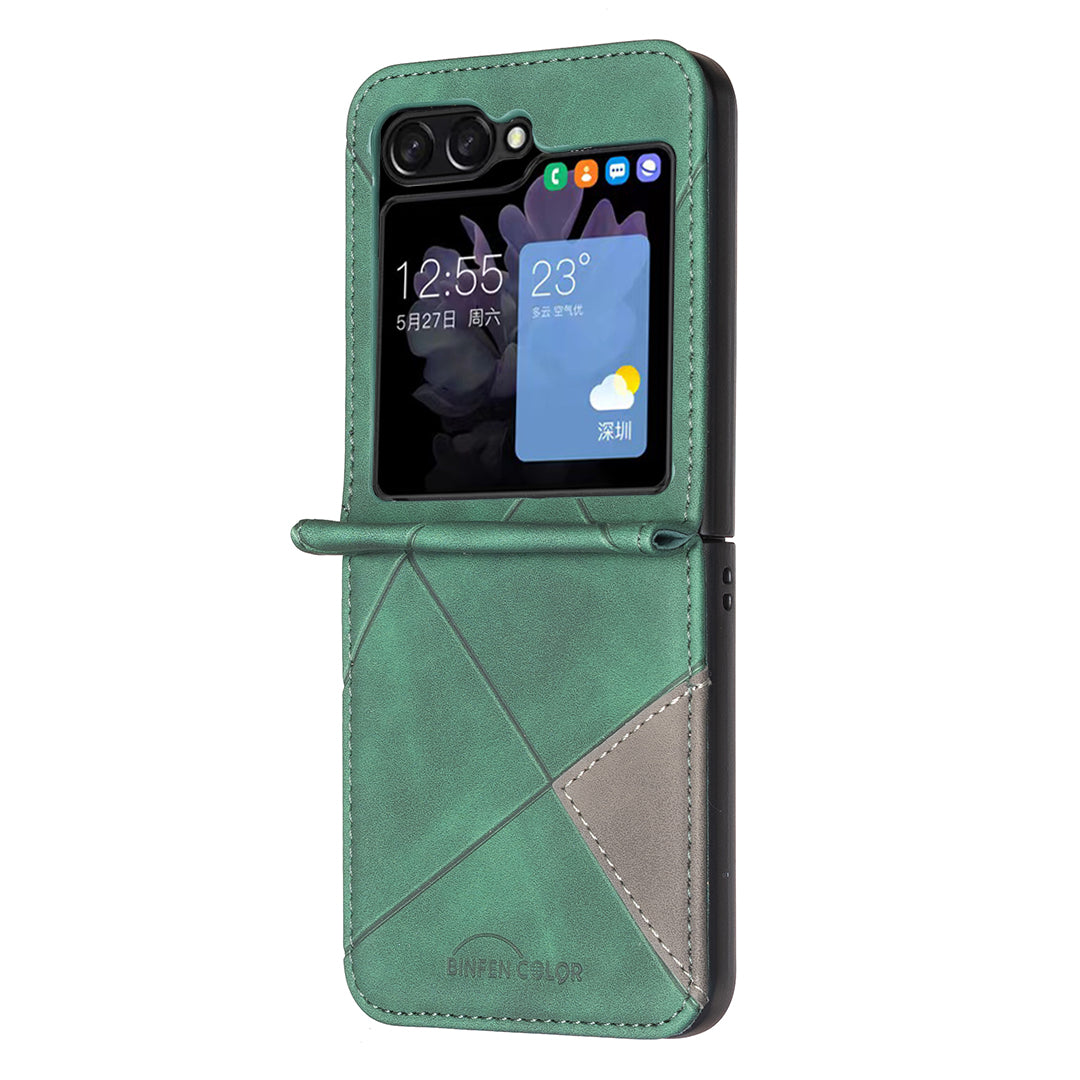 For Samsung Galaxy Z Flip7 5G Phone Case BINFEN COLOR Wallet Stand Geometry Imprinted Leather Cover - Green