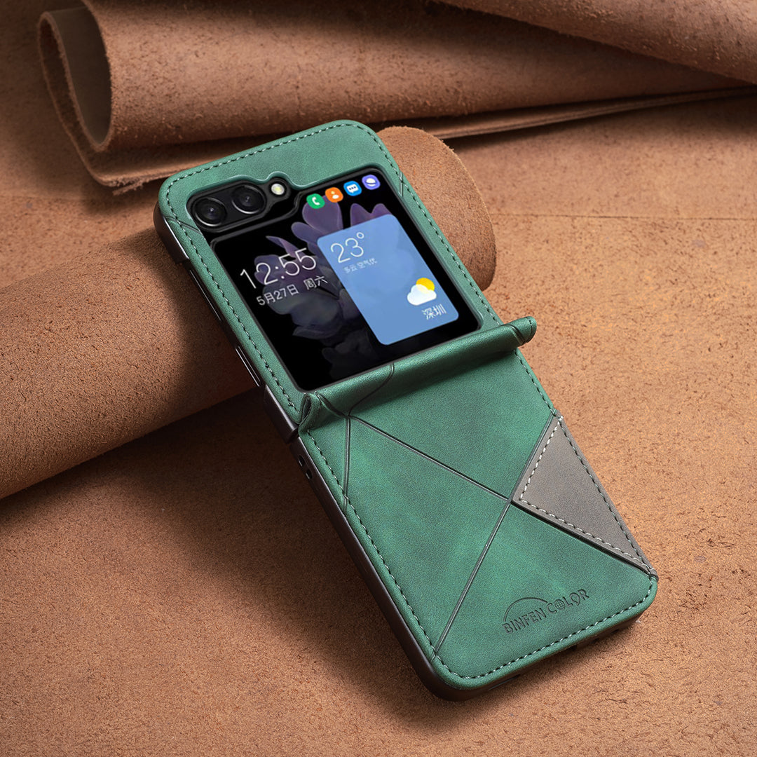 For Samsung Galaxy Z Flip7 5G Phone Case BINFEN COLOR Wallet Stand Geometry Imprinted Leather Cover - Green