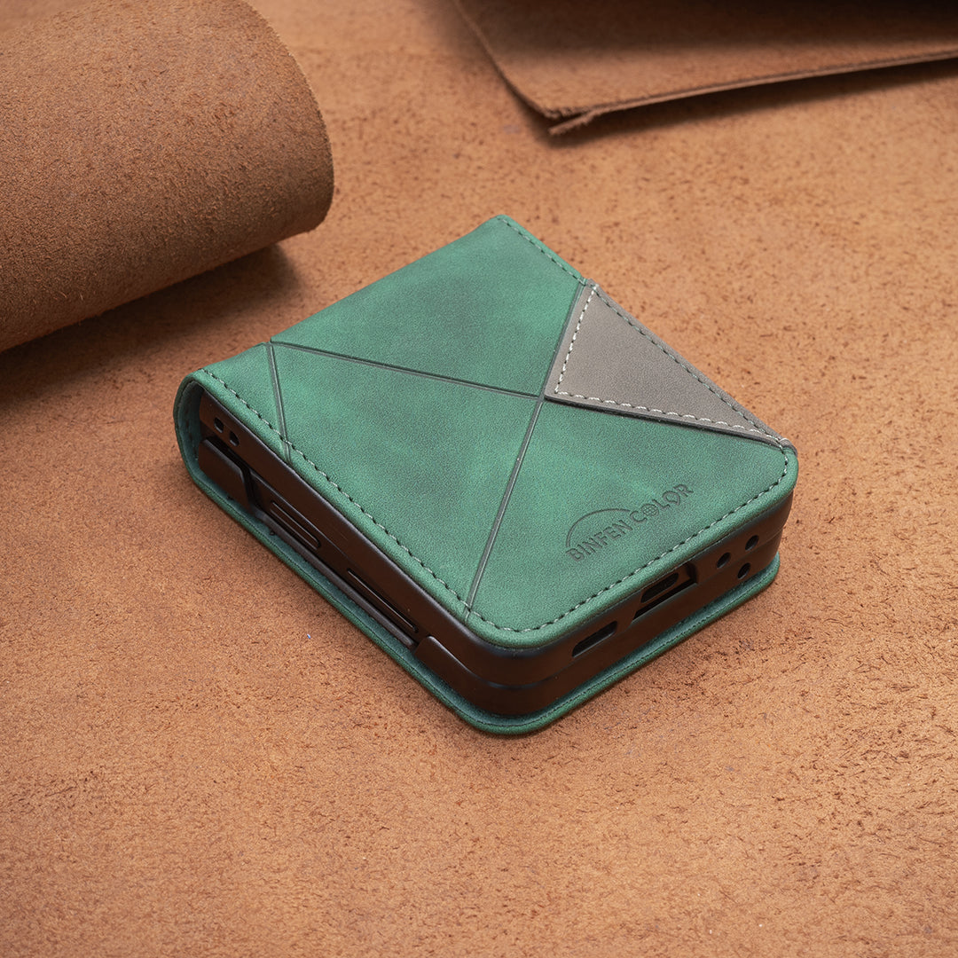 For Samsung Galaxy Z Flip7 5G Phone Case BINFEN COLOR Wallet Stand Geometry Imprinted Leather Cover - Green