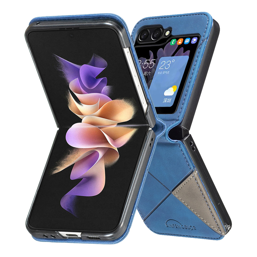 For Samsung Galaxy Z Flip7 5G Phone Case BINFEN COLOR Wallet Stand Geometry Imprinted Leather Cover - Blue