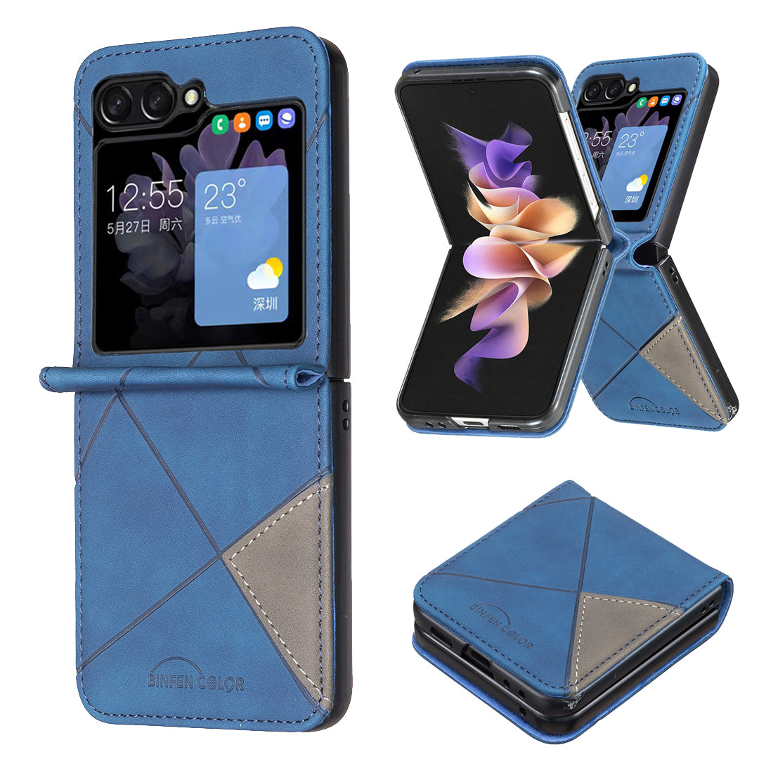 For Samsung Galaxy Z Flip7 5G Phone Case BINFEN COLOR Wallet Stand Geometry Imprinted Leather Cover - Blue
