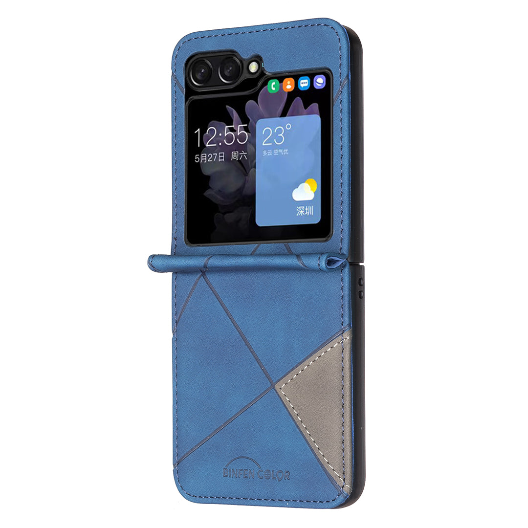 For Samsung Galaxy Z Flip7 5G Phone Case BINFEN COLOR Wallet Stand Geometry Imprinted Leather Cover - Blue