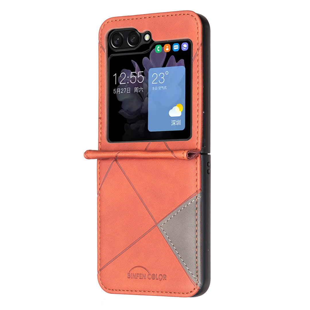 For Samsung Galaxy Z Flip7 5G Phone Case BINFEN COLOR Wallet Stand Geometry Imprinted Leather Cover - Brown