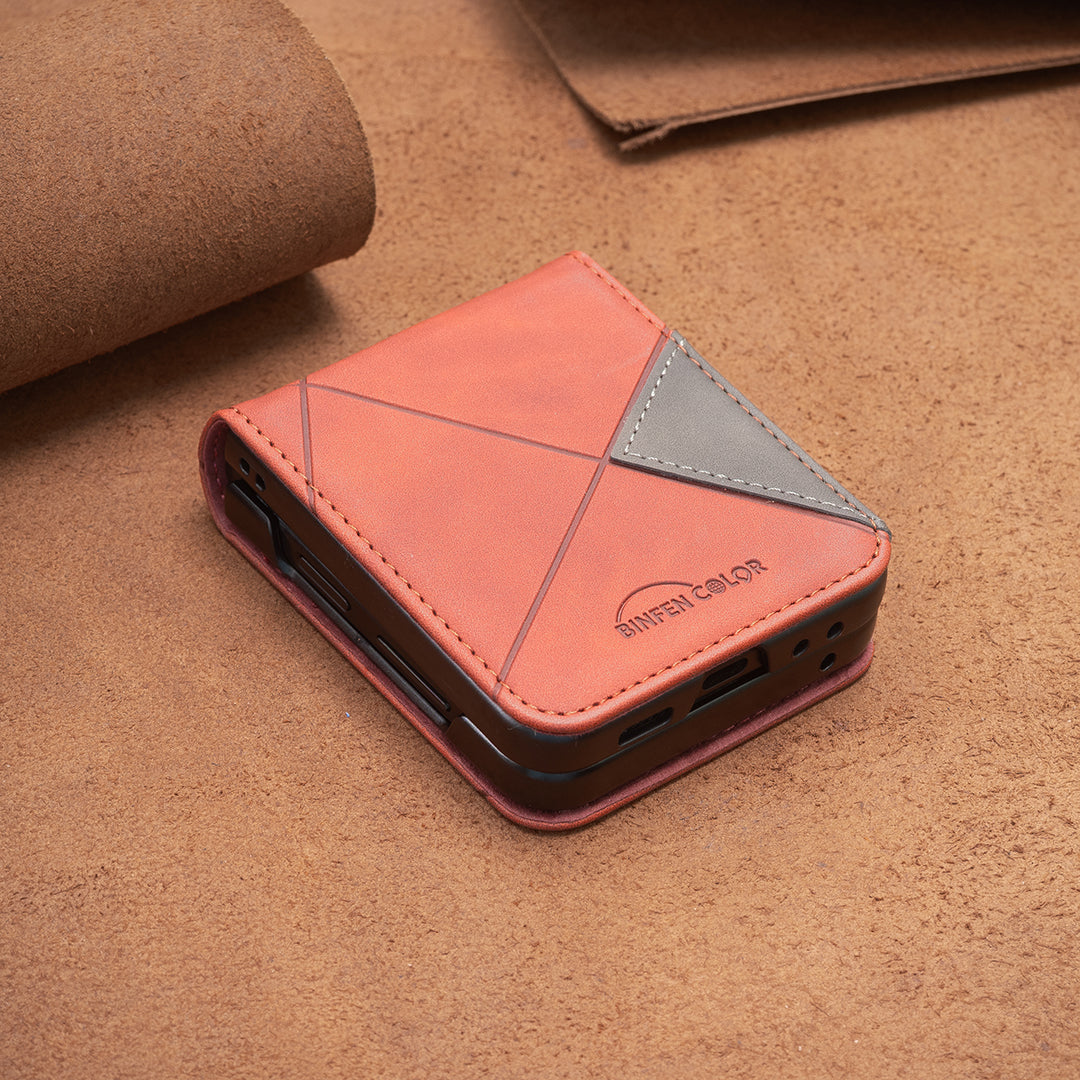 For Samsung Galaxy Z Flip7 5G Phone Case BINFEN COLOR Wallet Stand Geometry Imprinted Leather Cover - Brown