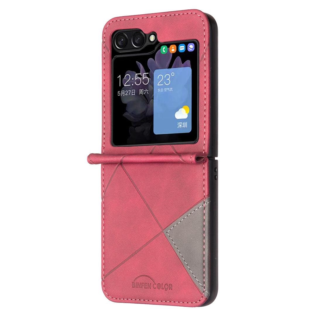 For Samsung Galaxy Z Flip7 5G Phone Case BINFEN COLOR Wallet Stand Geometry Imprinted Leather Cover - Red