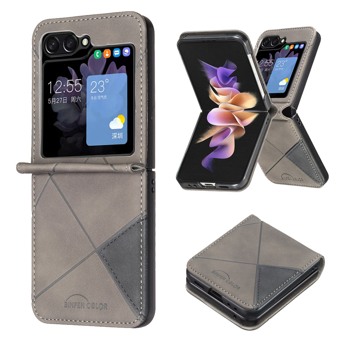 For Samsung Galaxy Z Flip7 5G Phone Case BINFEN COLOR Wallet Stand Geometry Imprinted Leather Cover - Grey