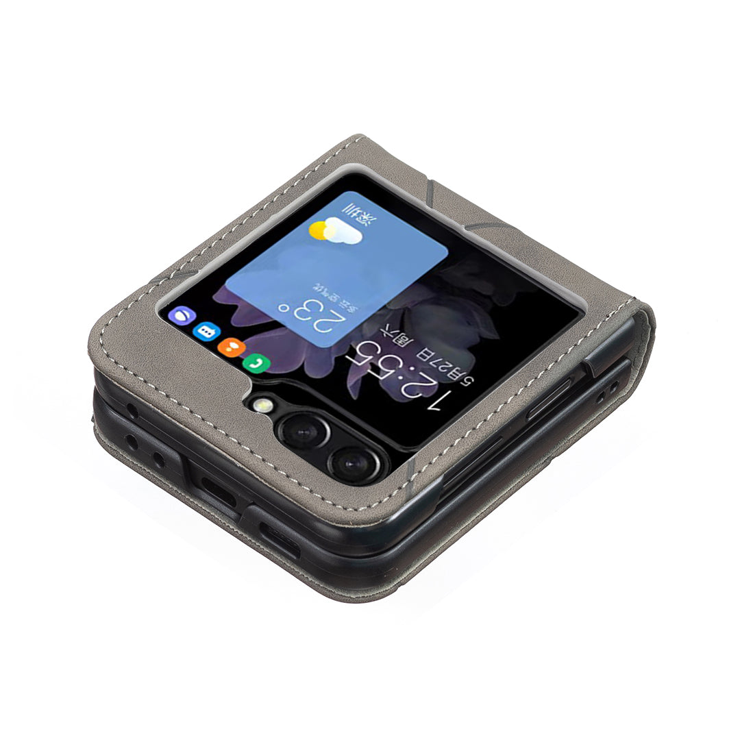 For Samsung Galaxy Z Flip7 5G Phone Case BINFEN COLOR Wallet Stand Geometry Imprinted Leather Cover - Grey