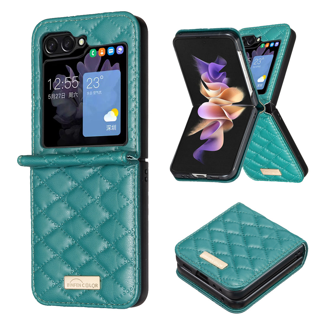 For Samsung Galaxy Z Flip7 5G Case BINFEN COLOR Rhombus PU Leather Folding Phone Cover - Green
