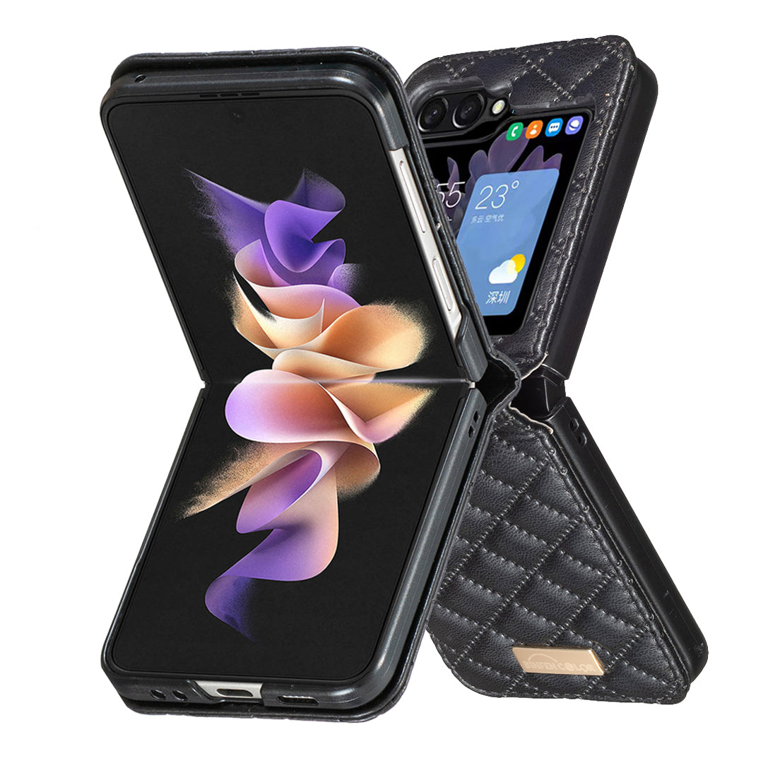 For Samsung Galaxy Z Flip7 5G Case BINFEN COLOR Rhombus PU Leather Folding Phone Cover - Black