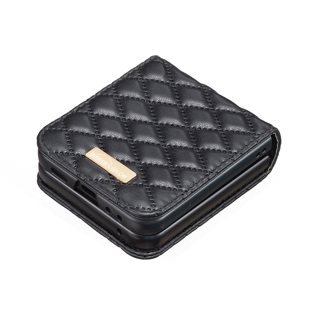 For Samsung Galaxy Z Flip7 5G Case BINFEN COLOR Rhombus PU Leather Folding Phone Cover - Black