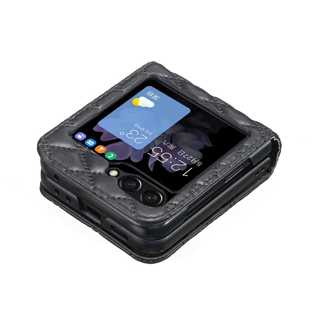 For Samsung Galaxy Z Flip7 5G Case BINFEN COLOR Rhombus PU Leather Folding Phone Cover - Black