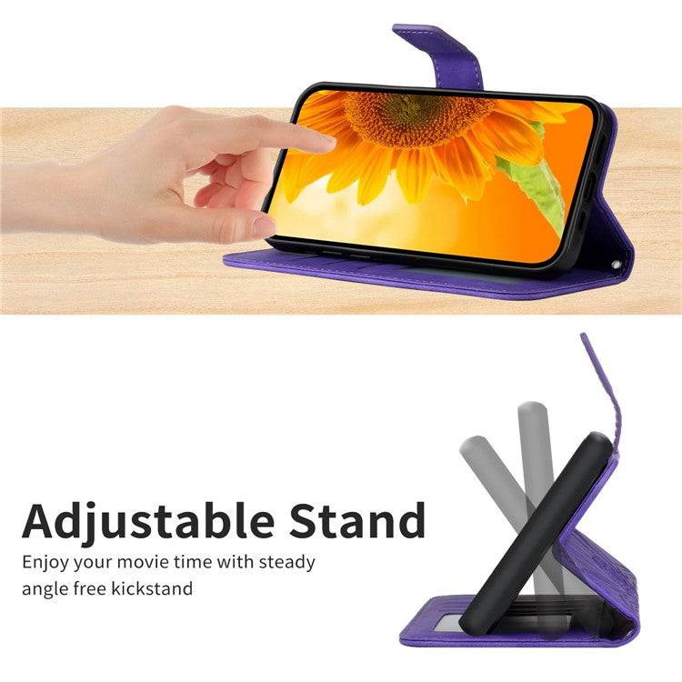 For Samsung Galaxy A32 5G / M32 5G HT04 Skin-touch Imprinted Sunflower Phone Cover PU Leather Shockproof Stand Wallet Case with Shoulder Strap - Dark Purple