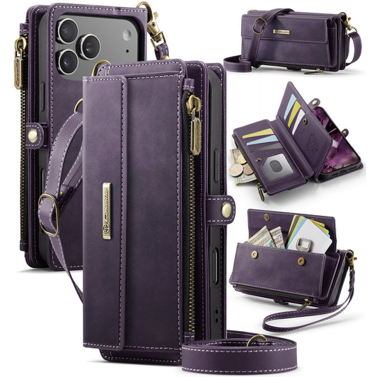 For iPhone 17 Pro Max Case CASEME C39 RFID Blocking Zipper Wallet Stand Leather Cover with Strap - Purple