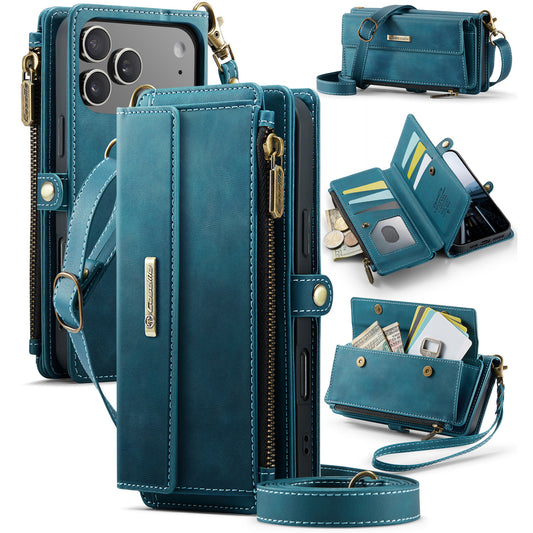 For iPhone 17 Pro Max Case CASEME C39 RFID Blocking Zipper Wallet Stand Leather Cover with Strap - Green