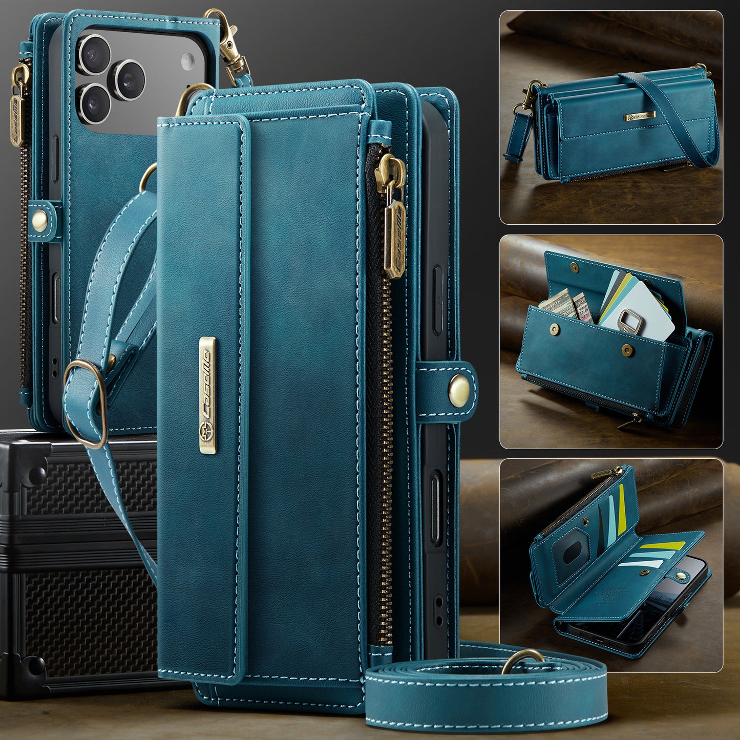 For iPhone 17 Pro Max Case CASEME C39 RFID Blocking Zipper Wallet Stand Leather Cover with Strap - Green