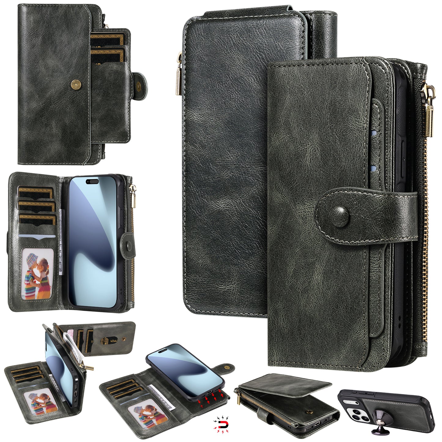 For iPhone 17 Pro Max Phone Case PU Leather Zipper Wallet Detachable Cover - Green