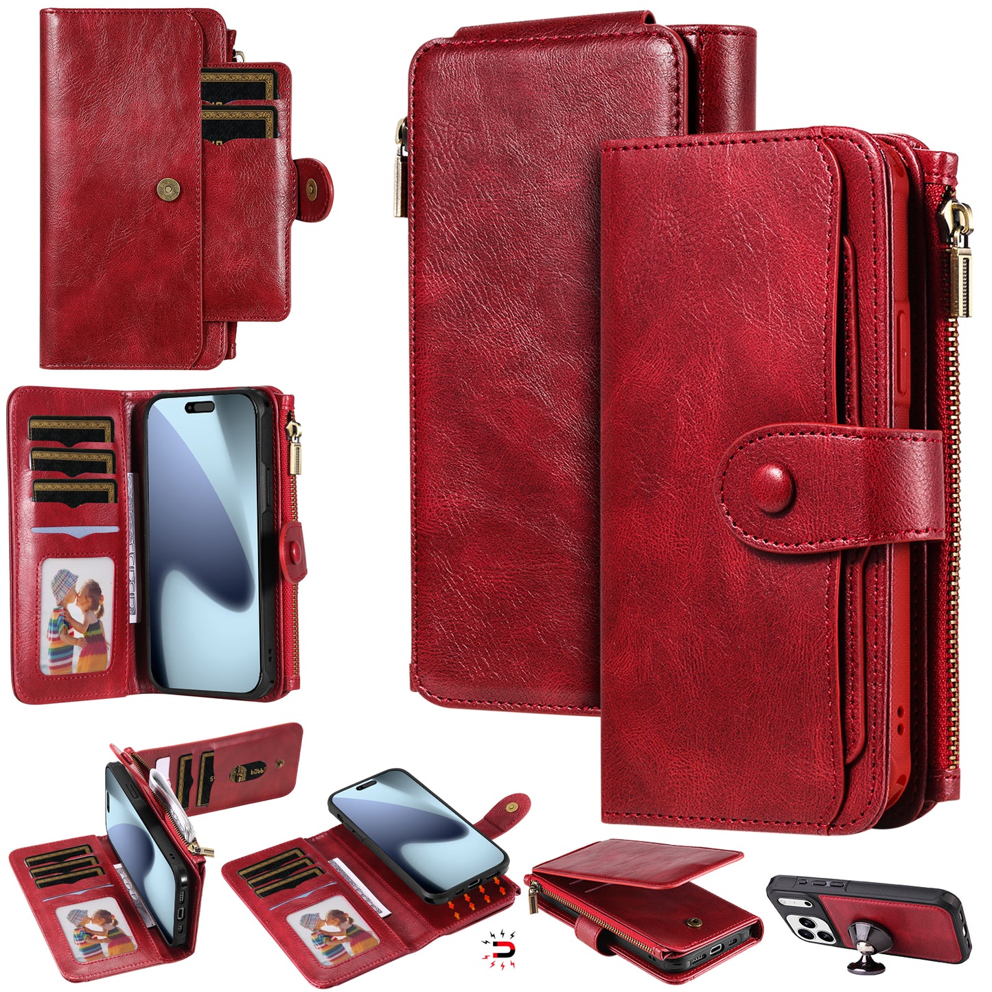 For iPhone 17 Pro Max Phone Case PU Leather Zipper Wallet Detachable Cover - Red