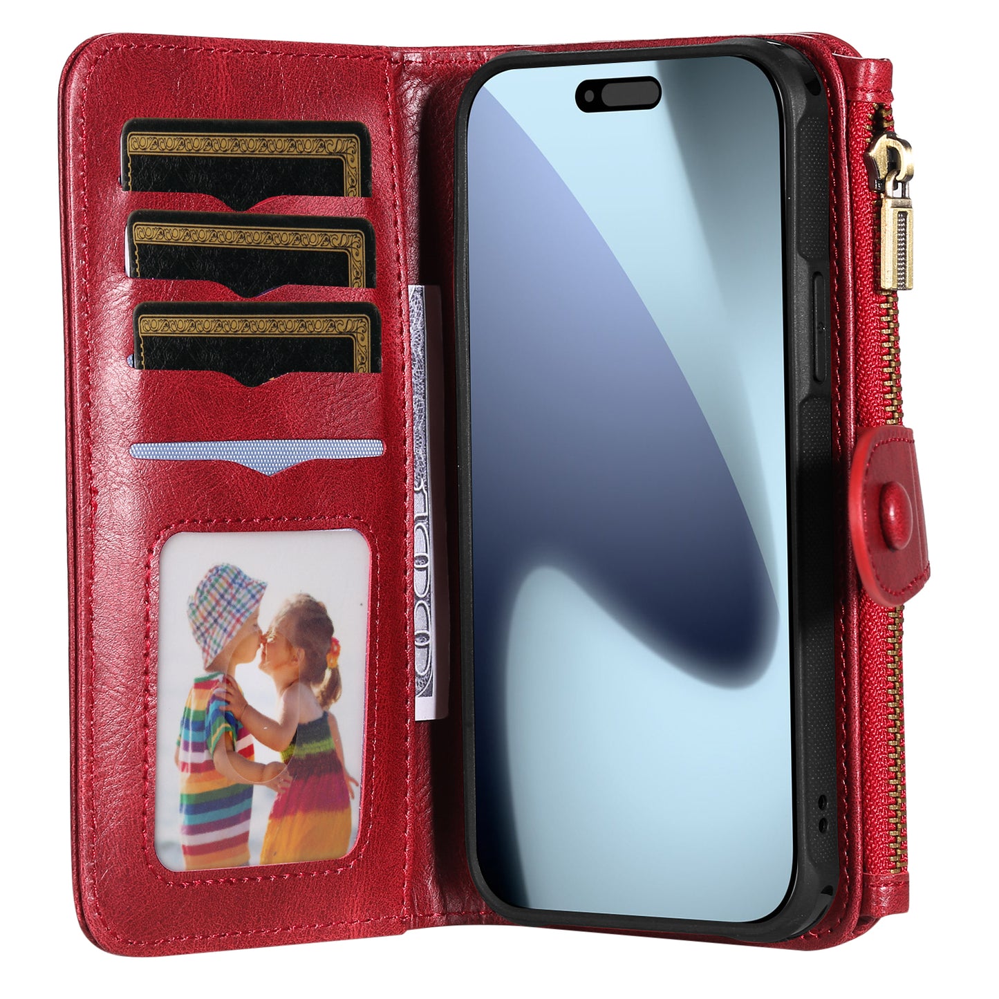 For iPhone 17 Pro Max Phone Case PU Leather Zipper Wallet Detachable Cover - Red