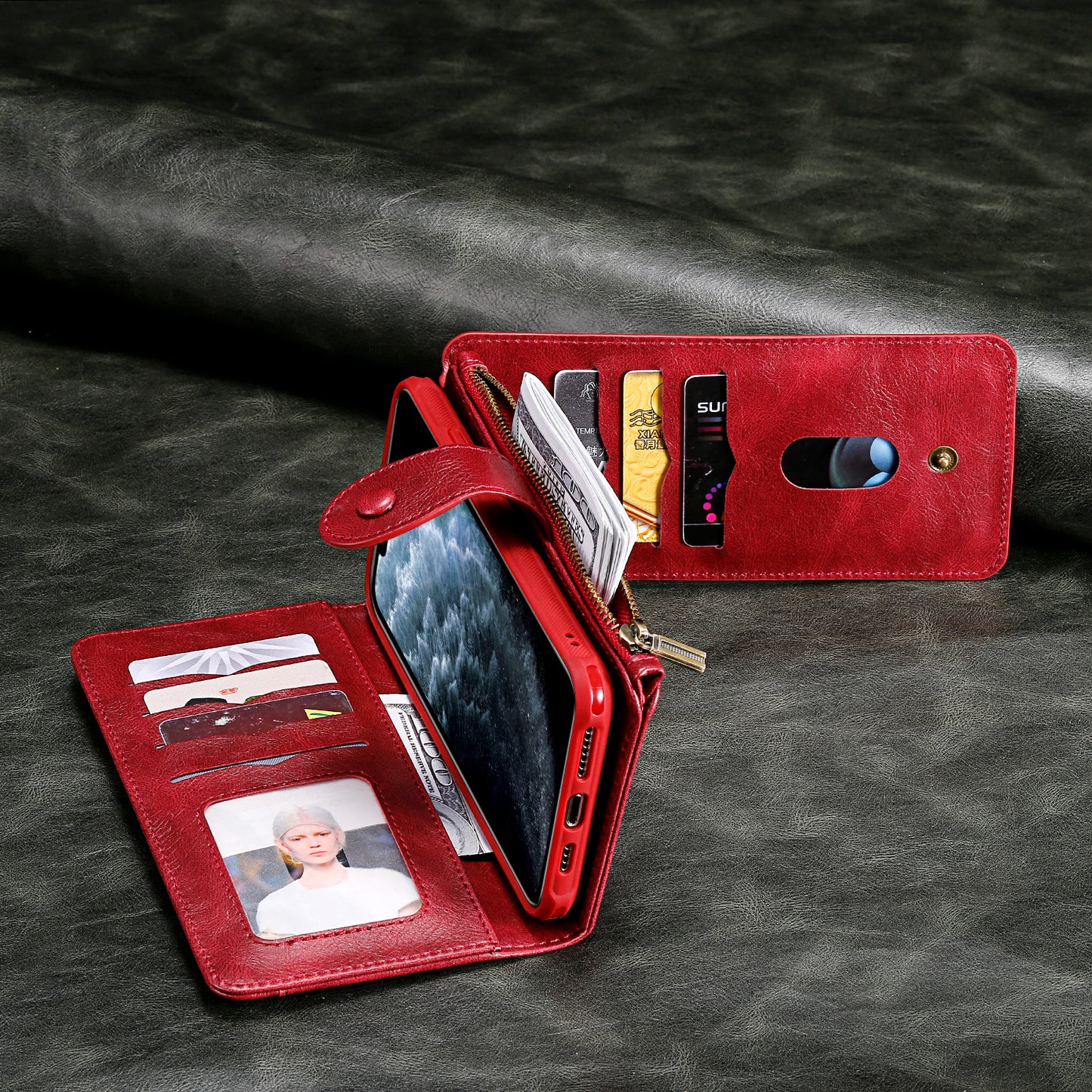 For iPhone 17 Pro Max Phone Case PU Leather Zipper Wallet Detachable Cover - Red