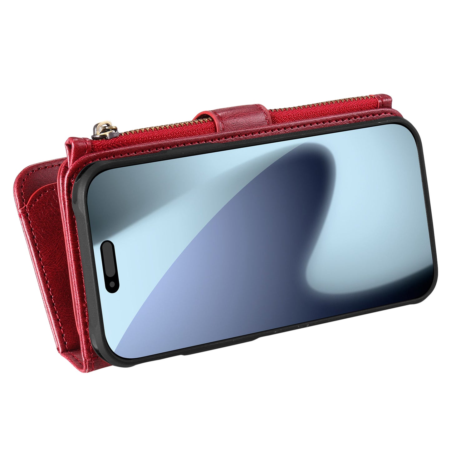 For iPhone 17 Pro Max Phone Case PU Leather Zipper Wallet Detachable Cover - Red