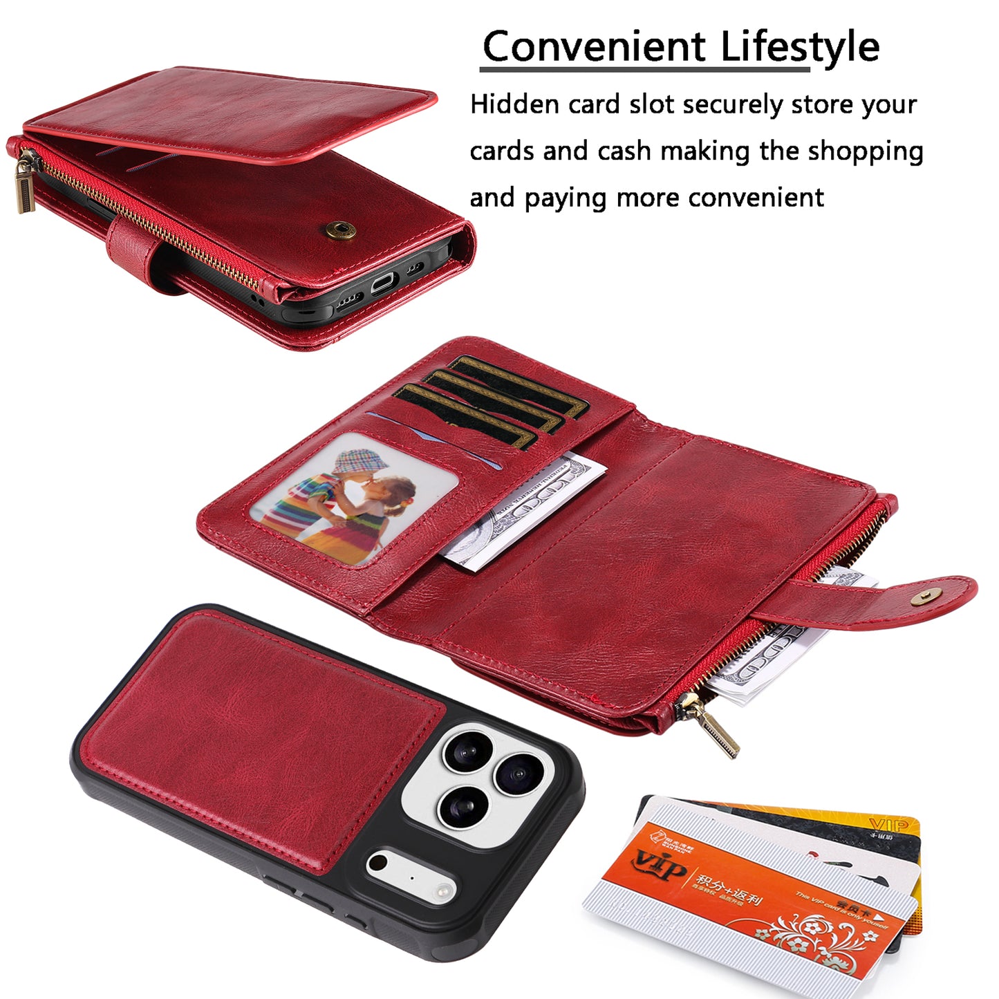 For iPhone 17 Pro Max Phone Case PU Leather Zipper Wallet Detachable Cover - Red