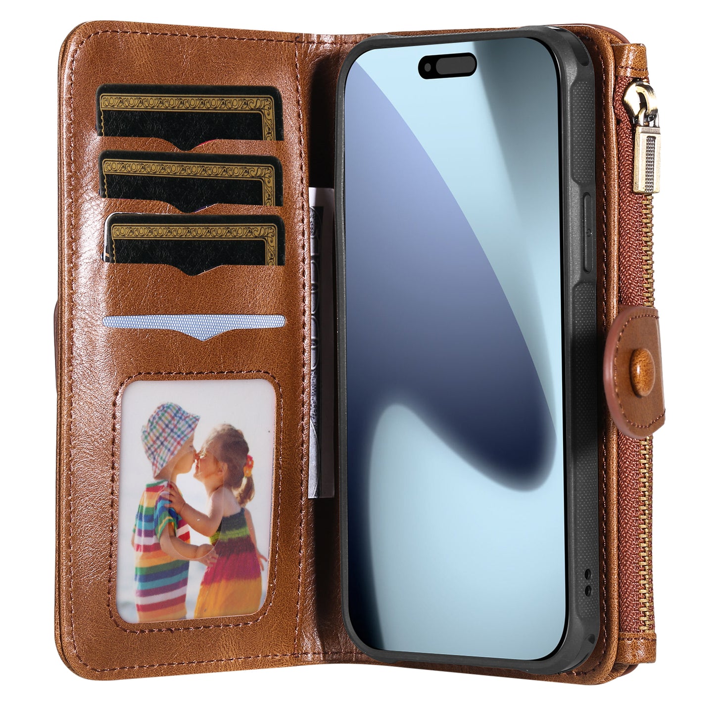 For iPhone 17 Pro Max Phone Case PU Leather Zipper Wallet Detachable Cover - Brown