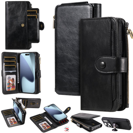 For iPhone 17 Pro Max Phone Case PU Leather Zipper Wallet Detachable Cover - Black