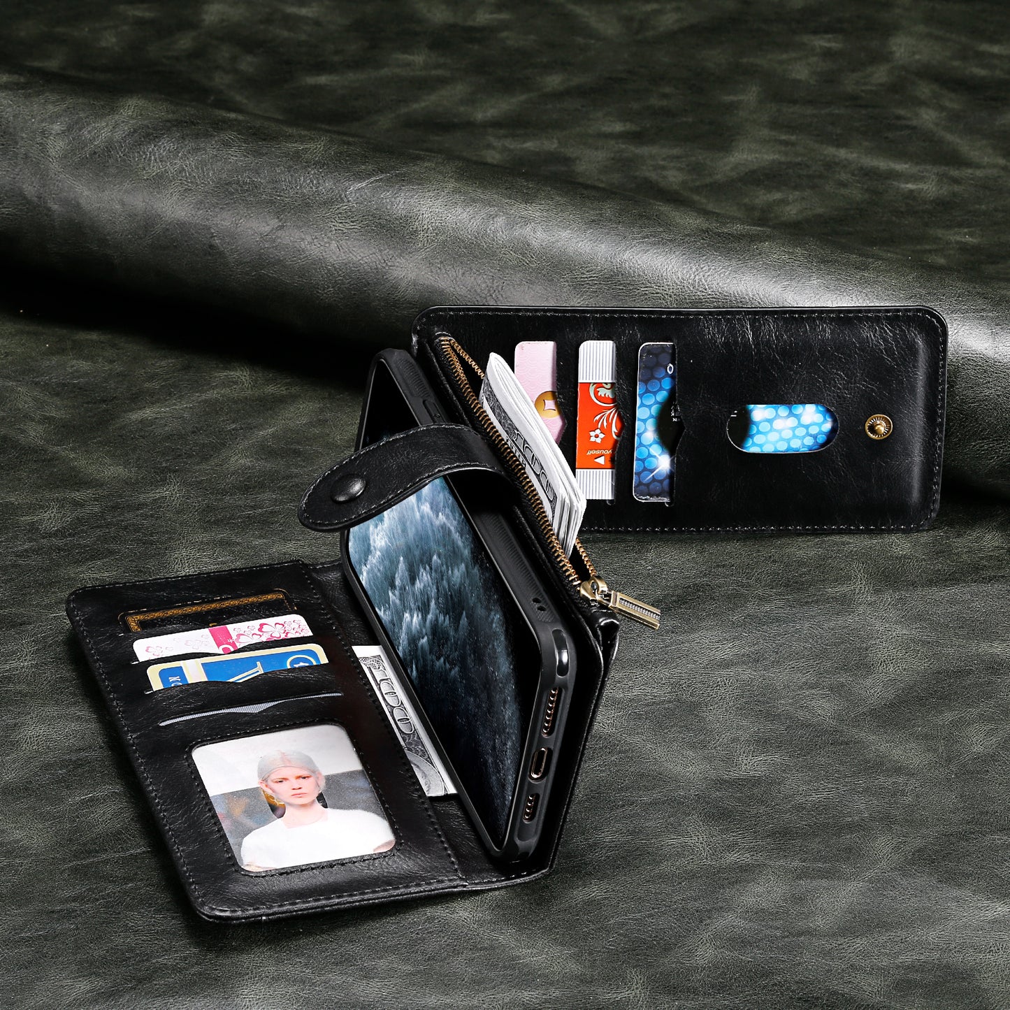 For iPhone 17 Pro Max Phone Case PU Leather Zipper Wallet Detachable Cover - Black