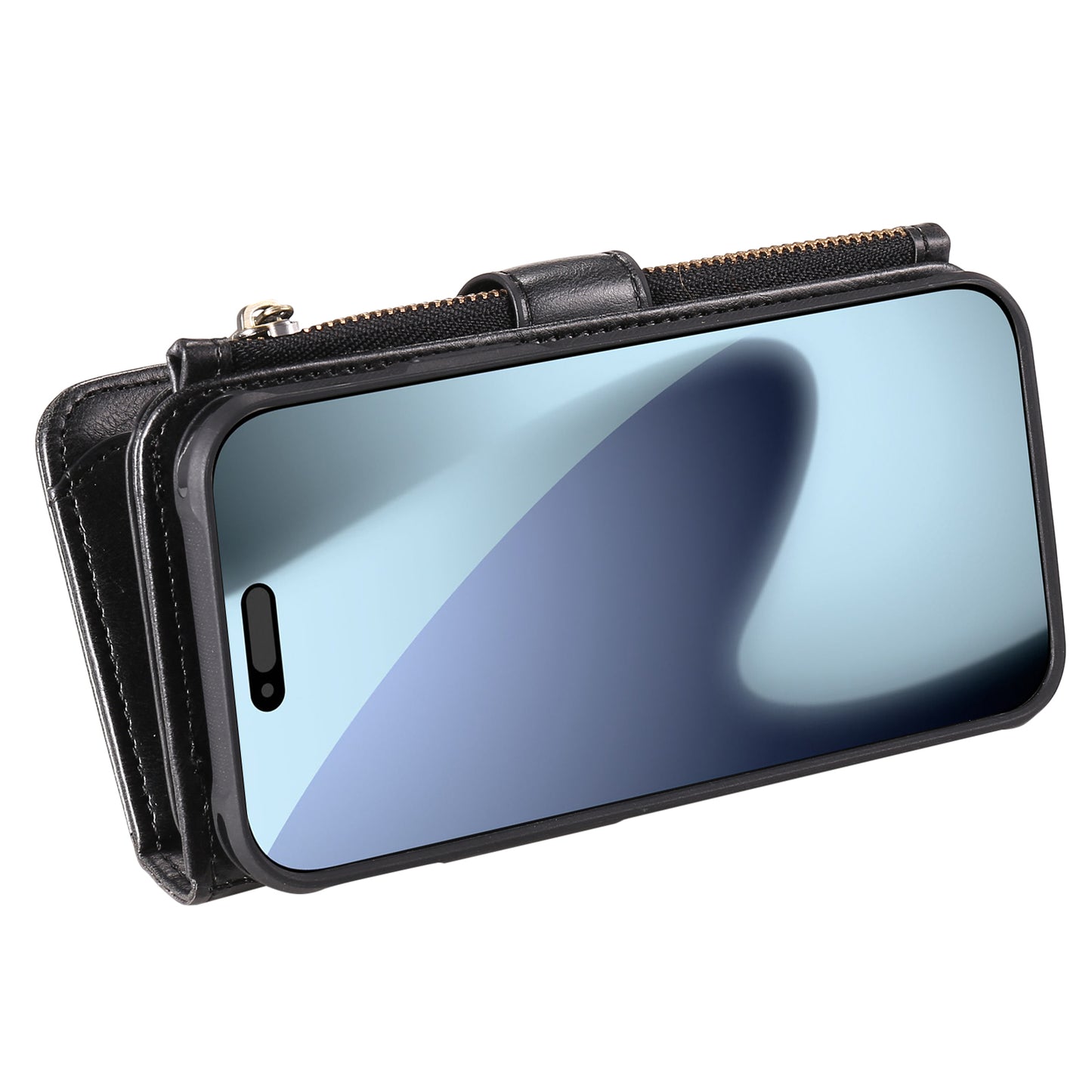 For iPhone 17 Pro Max Phone Case PU Leather Zipper Wallet Detachable Cover - Black