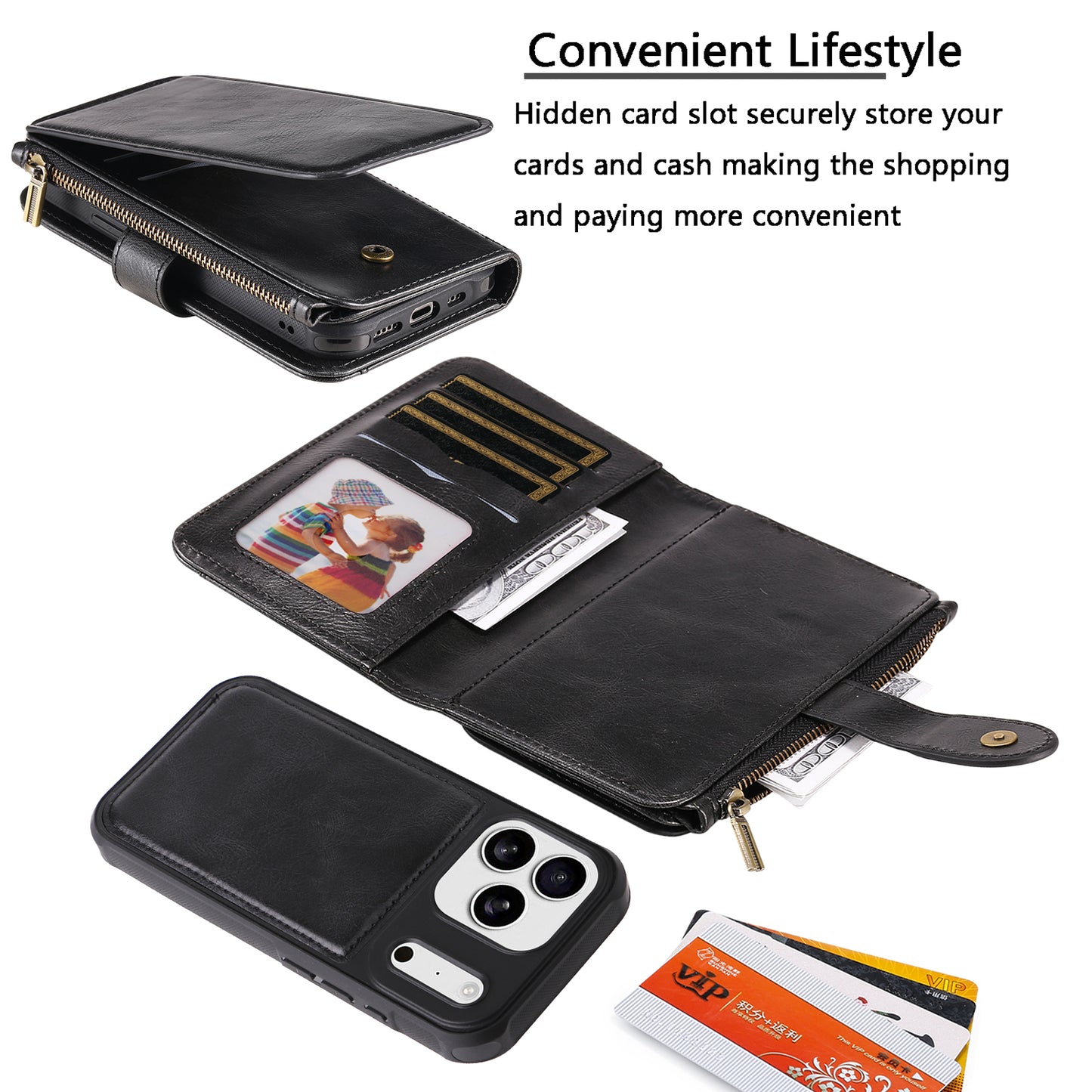 For iPhone 17 Pro Max Phone Case PU Leather Zipper Wallet Detachable Cover - Black