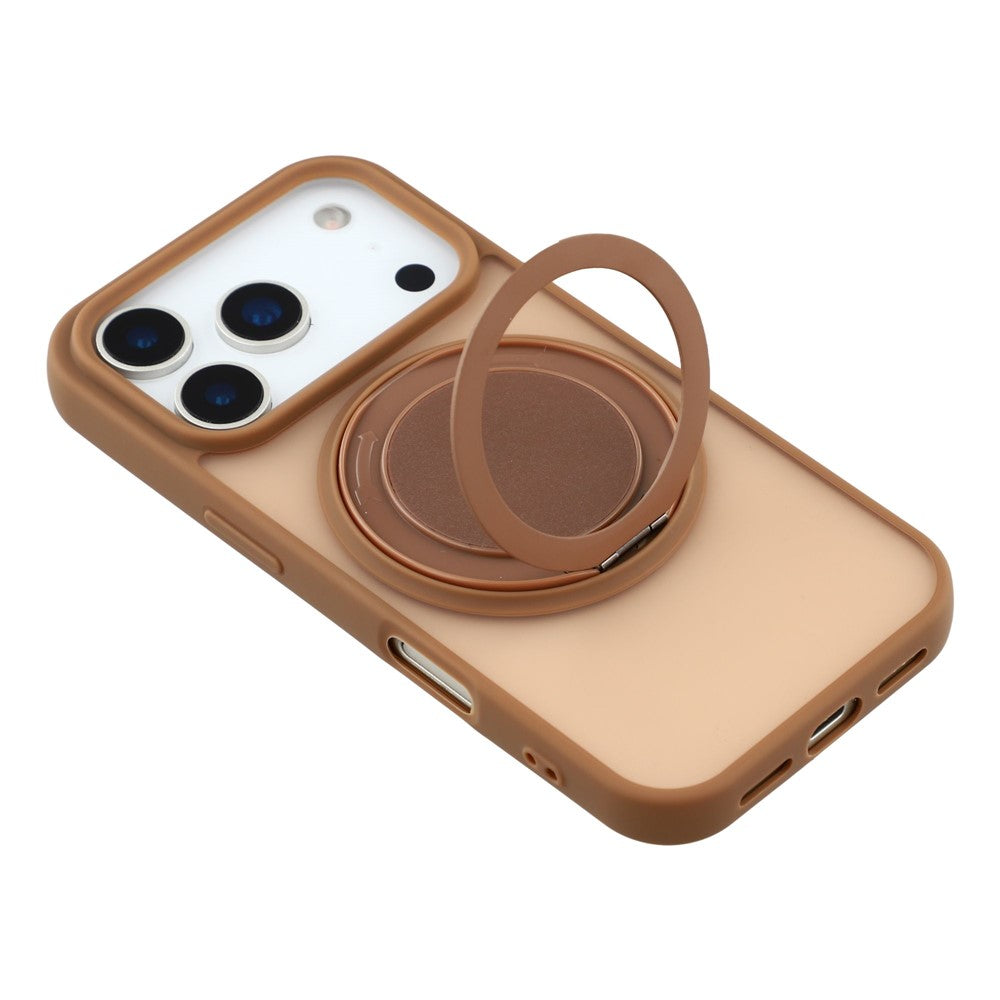 For iPhone 17 Pro Max Case Rotating Metal Kickstand Skin Touch TPU PC Phone Back Cover - Brown