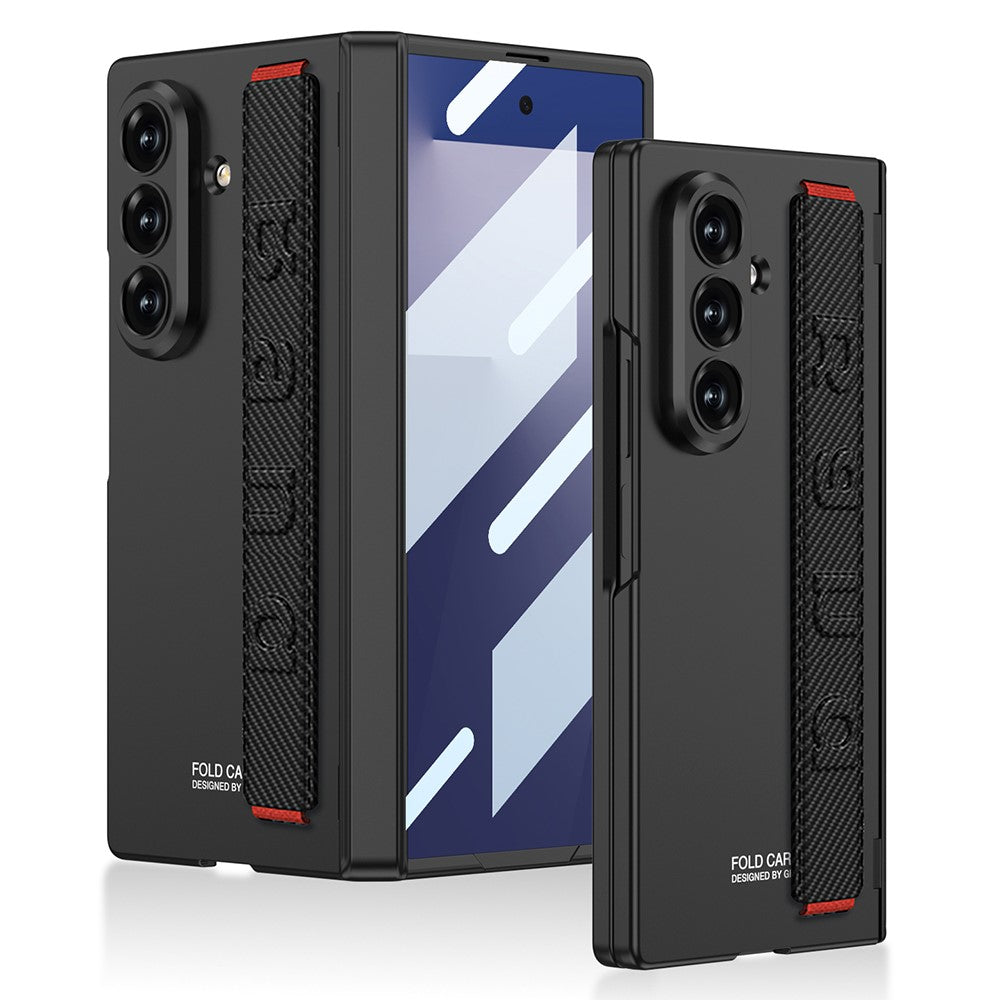 GKK For Samsung Galaxy Z Fold7 5G Case with Strap / Hinge Protection PC + Tempered Glass Phone Cover - Carbon Fiber Texture