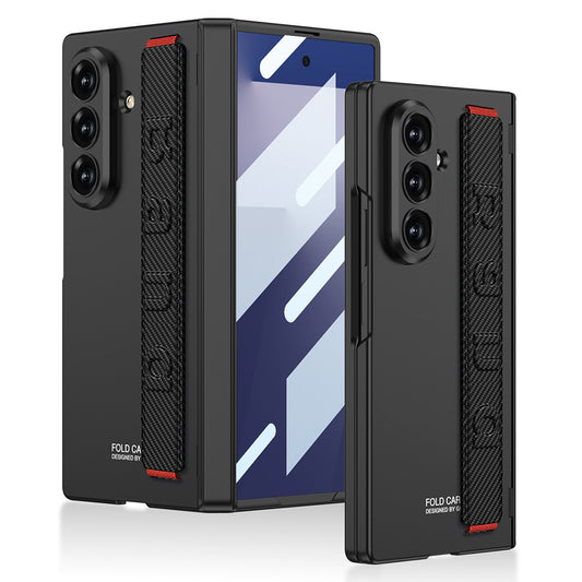 GKK For Samsung Galaxy Z Fold7 5G Case with Strap / Hinge Protection PC + Tempered Glass Phone Cover - Carbon Fiber Texture