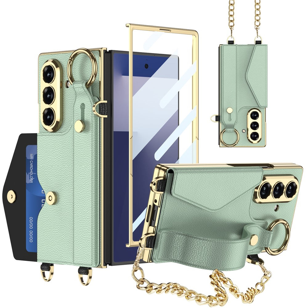 GKK For Samsung Galaxy Z Fold7 5G Case with PU Strap Kickstand / Metal Chain Electroplated PC Tempered Glass Phone Cover - Matcha Green