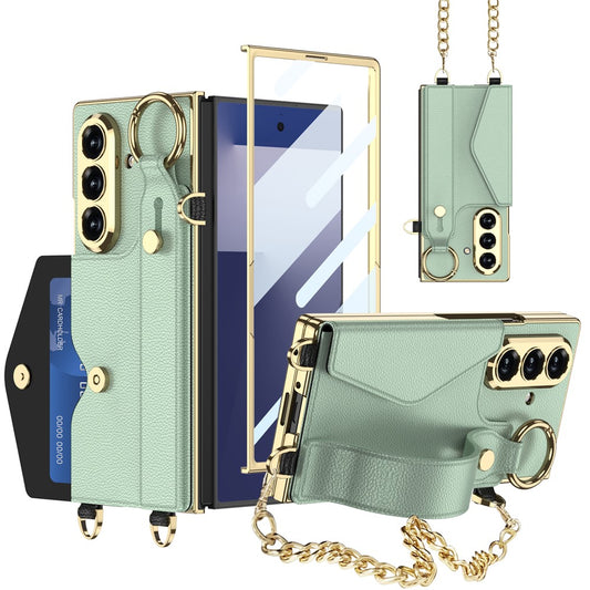 GKK For Samsung Galaxy Z Fold7 5G Case with PU Strap Kickstand / Metal Chain Electroplated PC Tempered Glass Phone Cover - Matcha Green