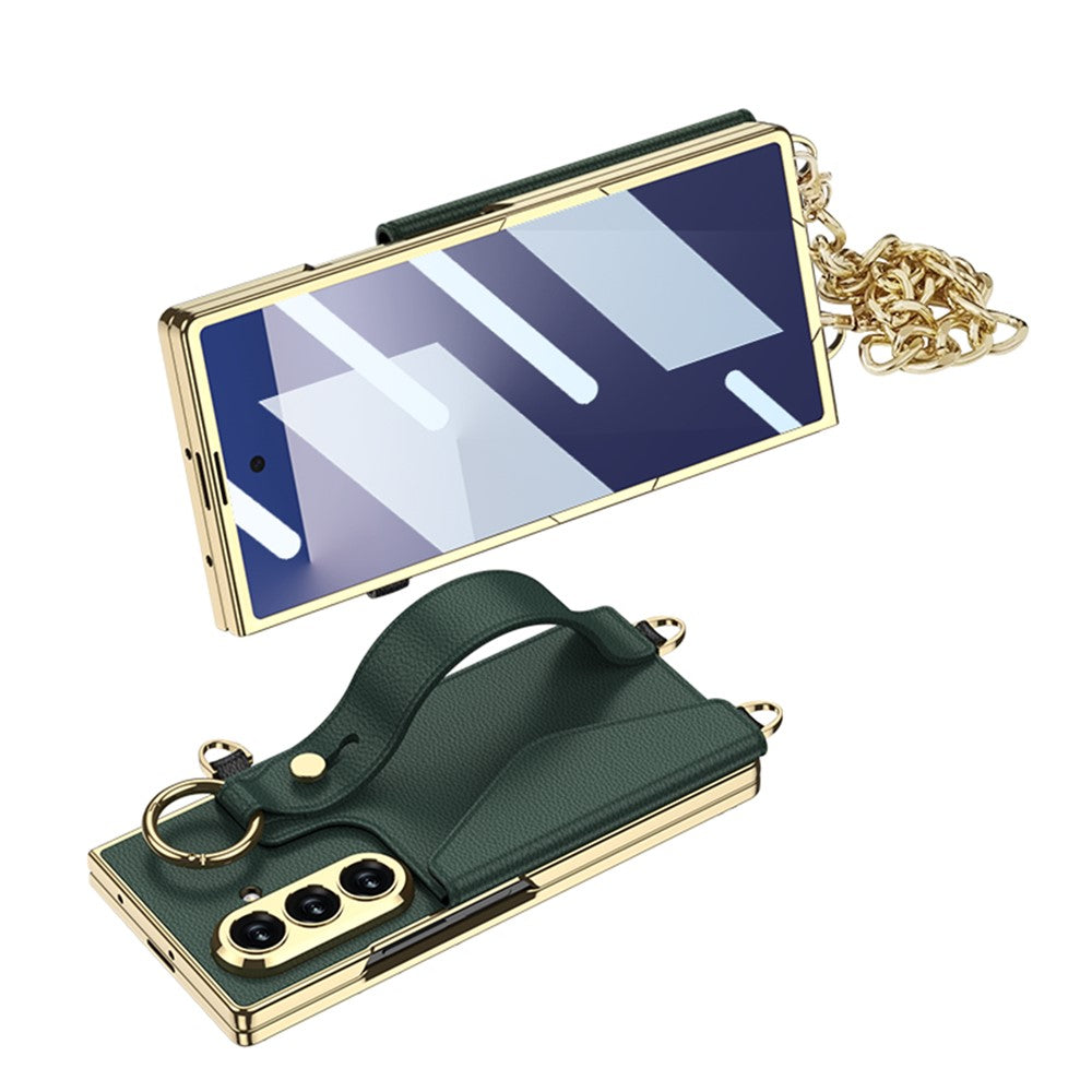 GKK For Samsung Galaxy Z Fold7 5G Case with PU Strap Kickstand / Metal Chain Electroplated PC Tempered Glass Phone Cover - Black