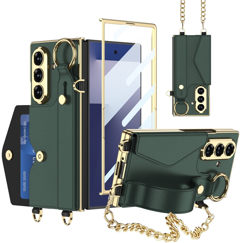 GKK For Samsung Galaxy Z Fold7 5G Case with PU Strap Kickstand / Metal Chain Electroplated PC Tempered Glass Phone Cover - Green