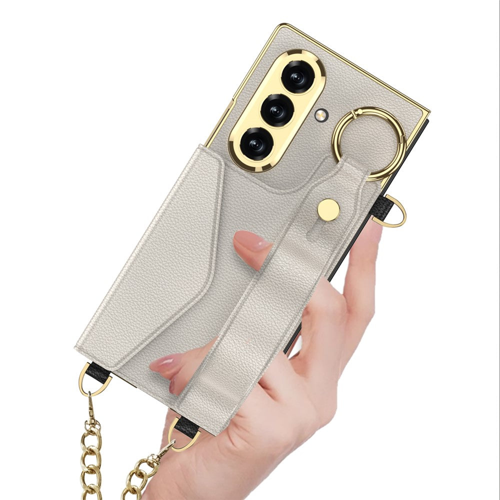 GKK For Samsung Galaxy Z Fold7 5G Case with PU Strap Kickstand / Metal Chain Electroplated PC Tempered Glass Phone Cover - Green